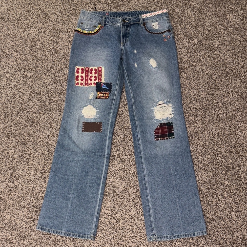Vintage Free People Embroidered & Patchwork Distressed Blue Jeans